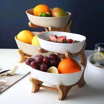 Imaginea din Stand din lemn cu două etaje, cu boluri pentru fructe și alimente