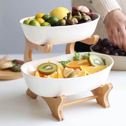 Imaginea din Stand din lemn cu două etaje, cu boluri pentru fructe și alimente
