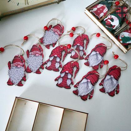 Imaginea din Set de ornamente de lemn pitici 9 buc - set roșu