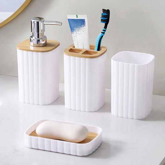 Imaginea din Set de baie alb cu elemente din lemn - 4 piese