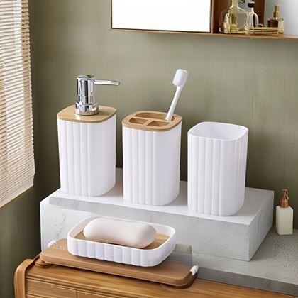 Imaginea din Set de baie alb cu elemente din lemn - 4 piese