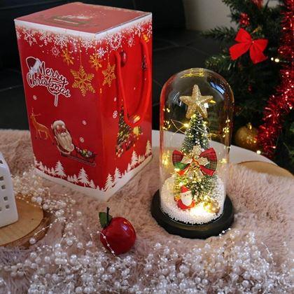 Imaginea din Brad de Crăciun luminos într-o vază de sticlă, împachetat cadou