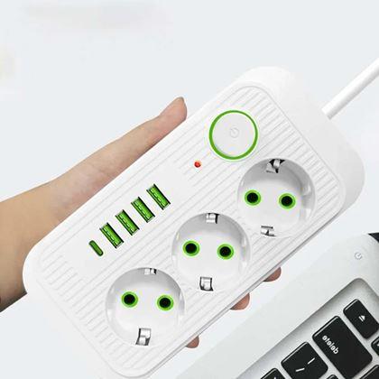 Imaginea din Prelungitor cu 3 prize și porturi USB