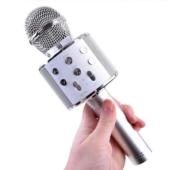 Imaginea din Microfon karaoke wireless cu difuzor și Bluetooth argintiu