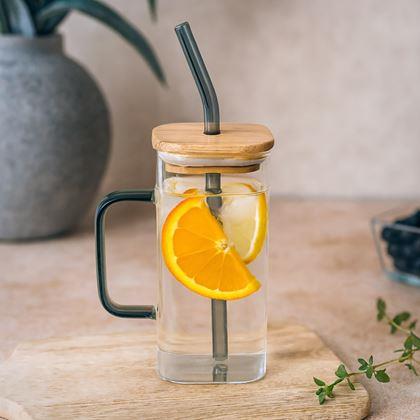 Imaginea din Pahar pătrat cu capac, pai și mâner - 350 ml