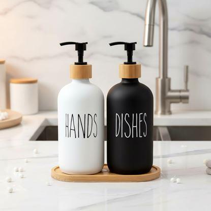 Imaginea Set de dozatoare cu pompă pentru săpun și detergent pe tavă