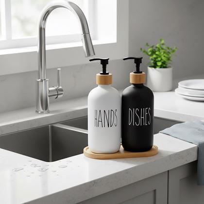 Imaginea din Set de dozatoare cu pompă pentru săpun și detergent pe tavă