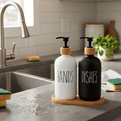 Imaginea din Set de dozatoare cu pompă pentru săpun și detergent pe tavă