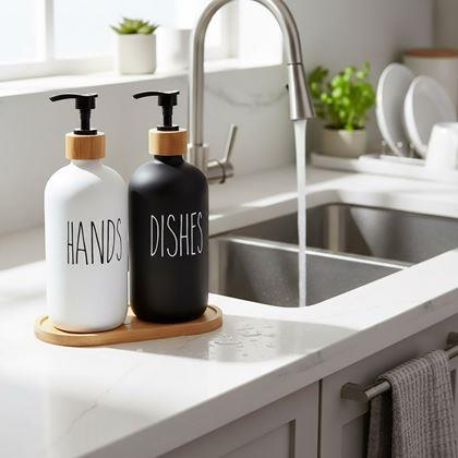 Imaginea din Set de dozatoare cu pompă pentru săpun și detergent pe tavă