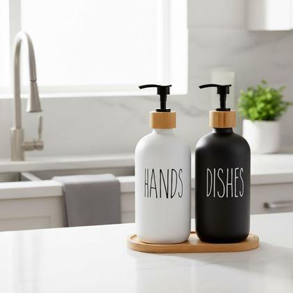 Imaginea din Set de dozatoare cu pompă pentru săpun și detergent pe tavă