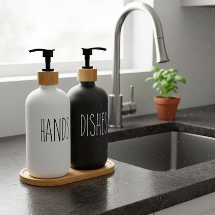 Imaginea din Set de dozatoare cu pompă pentru săpun și detergent pe tavă