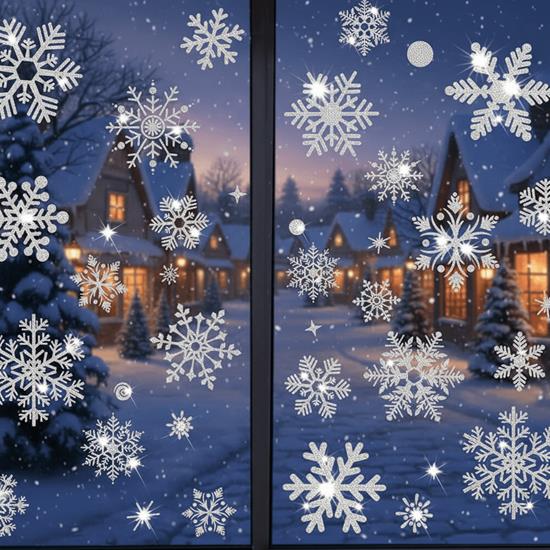 Imaginea din Autocolante pentru fereastră - fulgi de zăpadă 52 bucăți - argintiu