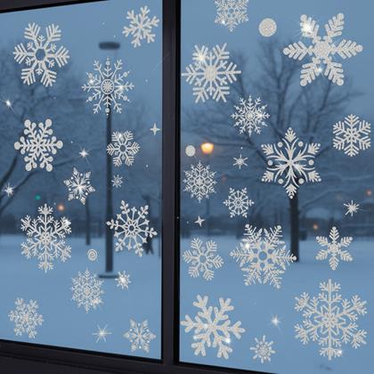Imaginea din Autocolante pentru fereastră - fulgi de zăpadă 52 bucăți - argintiu