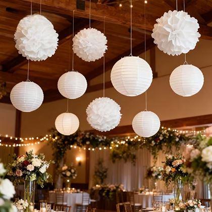 Imaginea din Decor din hârtie albă Pompom 20 cm, set 5 bucăți