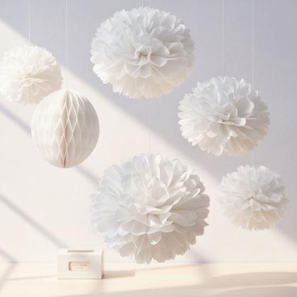 Imaginea din Decor din hârtie albă Pompom 20 cm, set 5 bucăți
