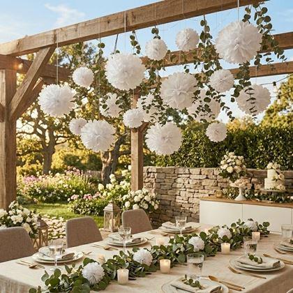 Imaginea din Decor din hârtie albă Pompom 20 cm, set 5 bucăți