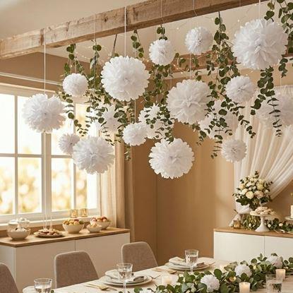 Imaginea Decor din hârtie albă Pompom 20 cm, set 5 bucăți
