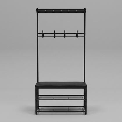 Imaginea din Suport metalic negru pentru hol cu raft pentru pantofi, șezut și cuier, 80x170 cm