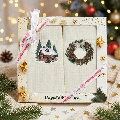 Imaginea din Set cadou de prosoape de Crăciun – Căsuță și coroniță, 2 bucăți